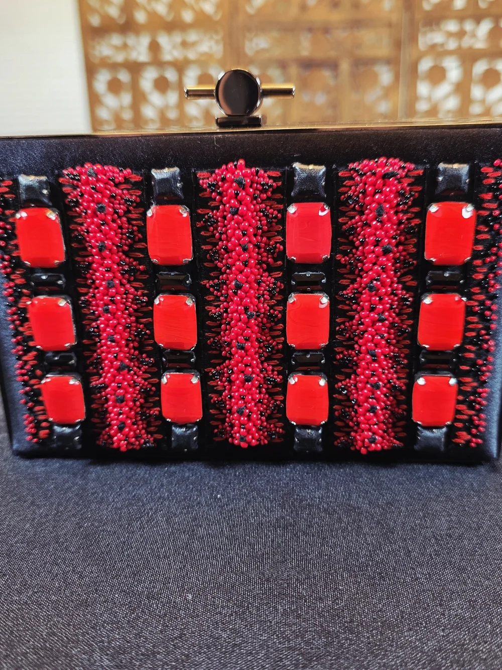 Jason Wu Minaudiere Clutch. Hand Beaded Red Detail with Black Satin.